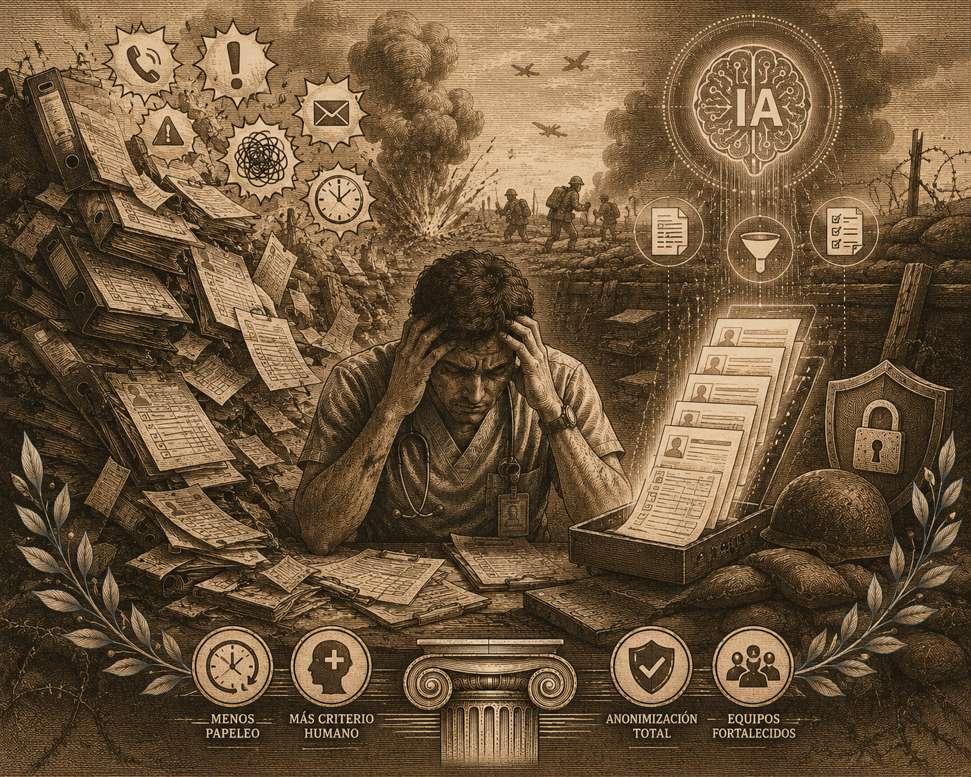 Ilustración editorial de salud digital e inteligencia artificial
