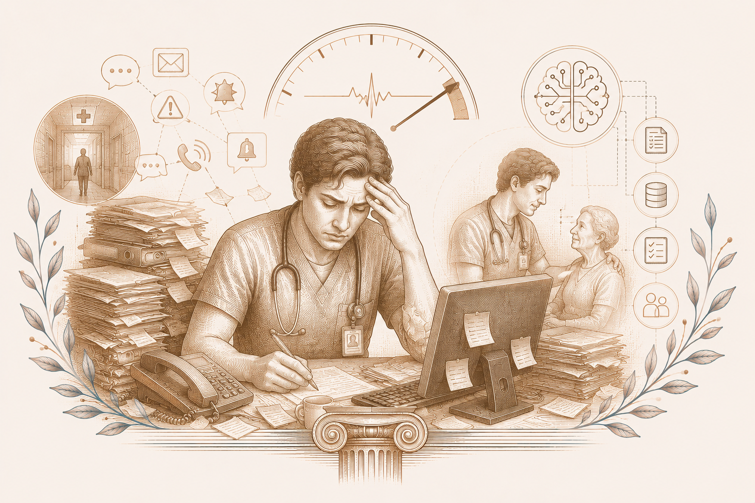 Ilustración editorial sobre sobrecarga burocrática e inteligencia artificial en salud